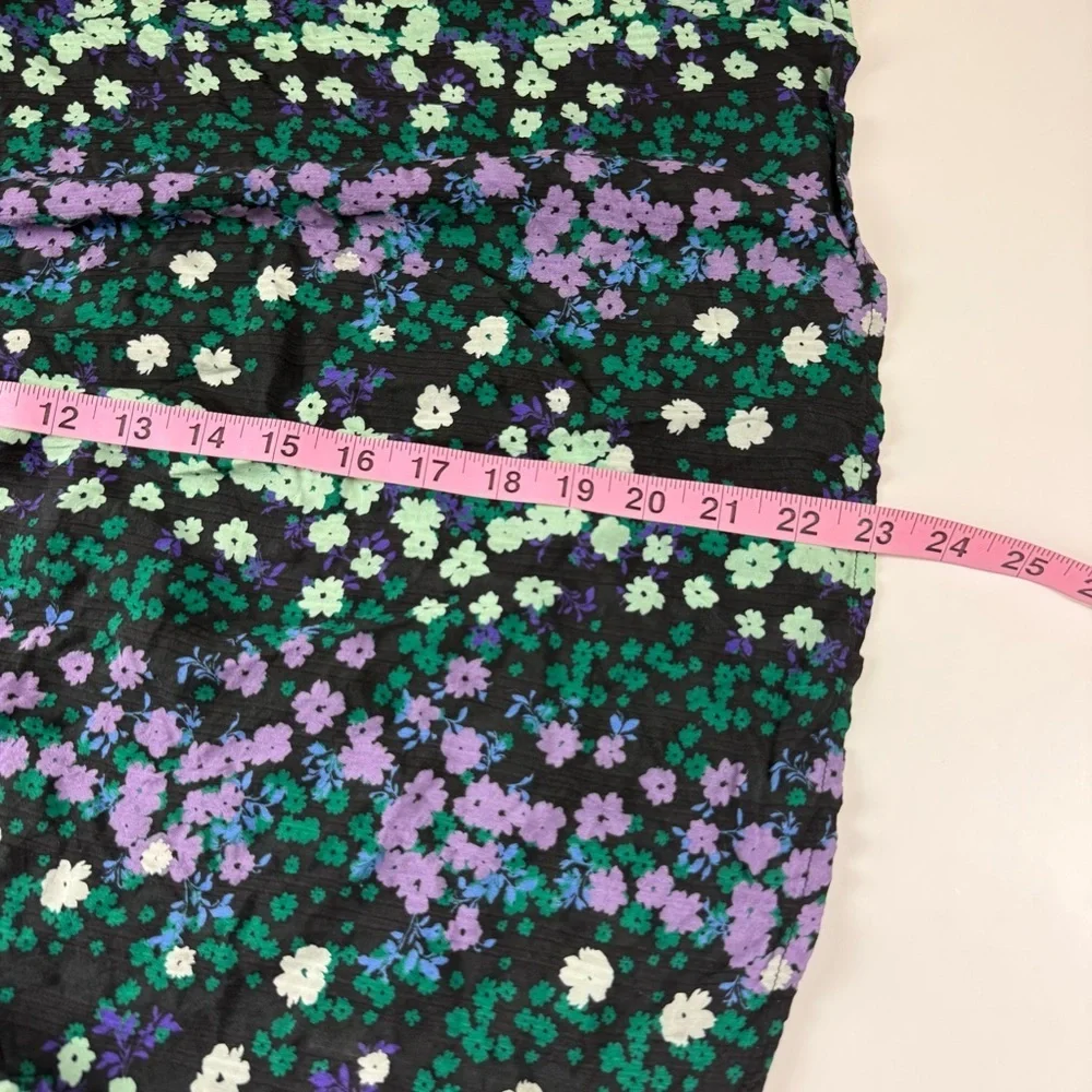 Loft Puff Sleeve Top Womens Medium Black Purple Green Floral Flower Blouse Shirt